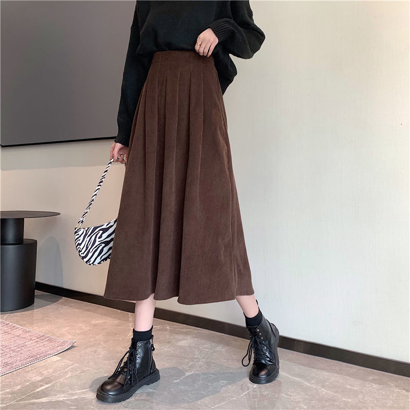 Skirts Autumn Winter Women's Corduroy Midi Skirts Vintage Brown Black High Waist A-line Skirts Female Fashion Long Skirt 230313