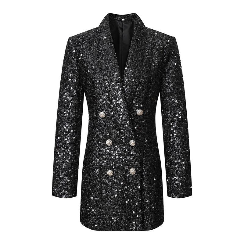 Casual Dresses Luxury 2023 Shiny Designer Blazer Jacket Women Double Lion Buttons Shawl Collar Glitter Sequined Long Runway Black Blazers Co