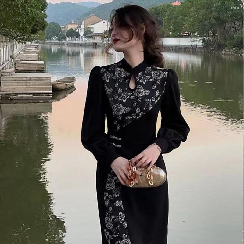 Ethnic Clothing Casual Qi Pao Dress Woman Patchwork Improved Cheongsam Long Sleeve Qipao Black Floral Printed Chinese Midi A Line Dresses
Ethnic Clothing Casual Qi Pao Dress Woman Patchwork Improved Cheongsam Long Sleeve Qipao Black Floral Printed Chinese Midi A Line Dresses