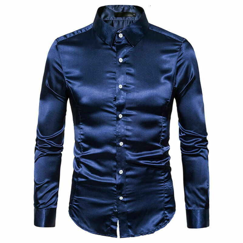 Men's T-Shirts Plus size S-XXL Men Shirt Silk Satin Smooth Men Solid Tuxedo Business Shirt Men Casual Slim Fit Shiny Gold Wedding Dress Shirts 23