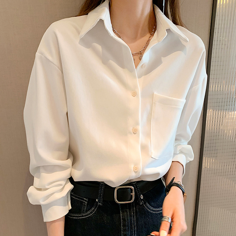 Women's Blouses Shirts Women's Shirt Classic Chiffon Blouse Female White Shirt Loose Long Sleeve Shirts Lady Simple Style Tops Clothes Blusa