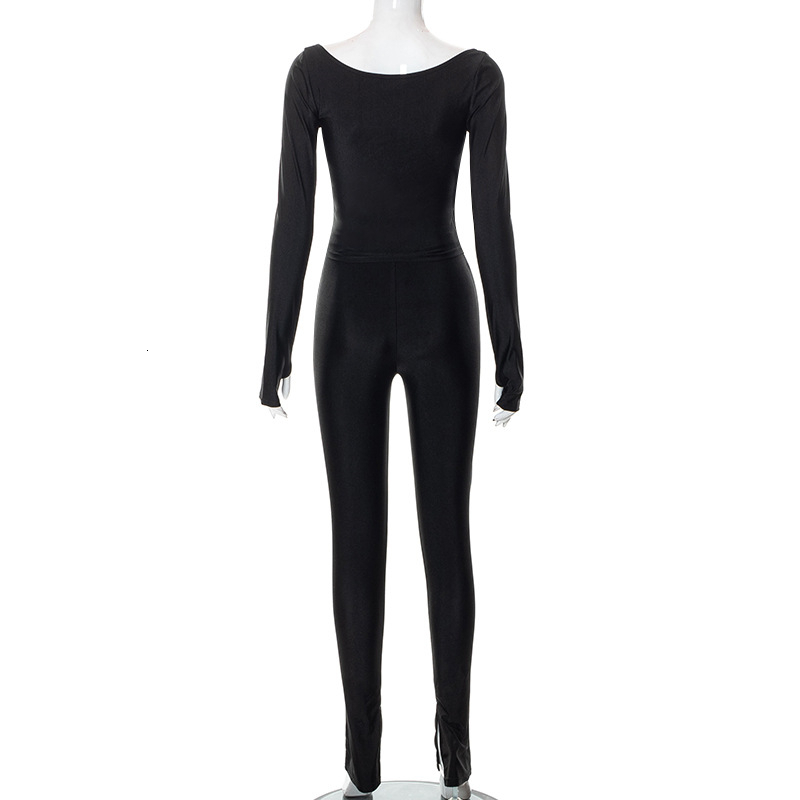 Women's Black Sexy Wrapped V Neck Long Sleeve Slim Tops High Waist Split Pants Set Casual Suit Polyester B1