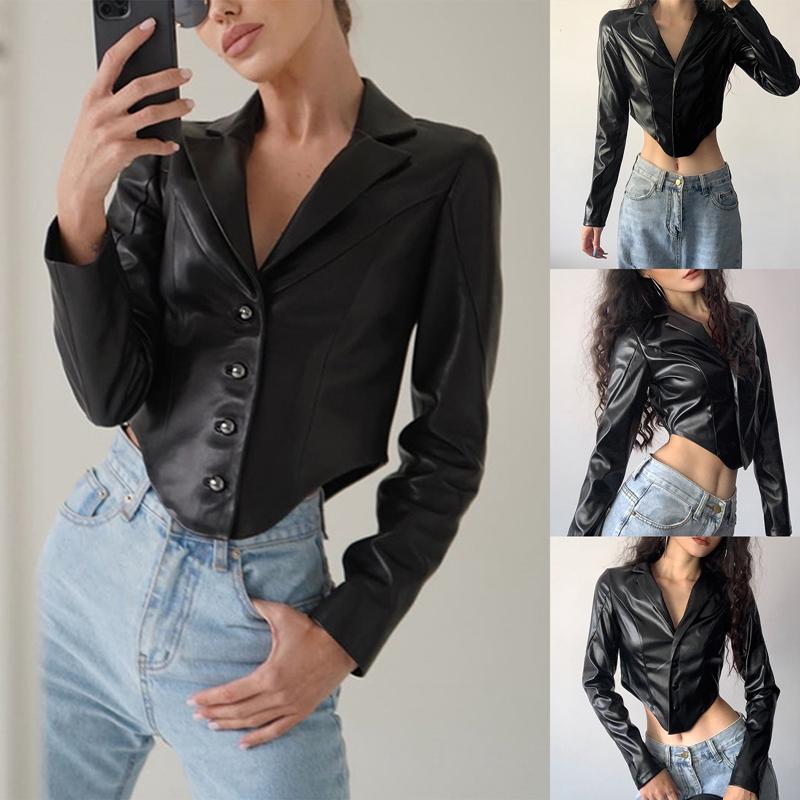 Women' Jackets Vintage Black PU Blazer Coats Women Button Down Irregular Cropped Suit Fall Spring Office Faux Leather Outerwear
Women' Jackets Vintage Black PU Blazer Coats Women Button Down Irregular Cropped Suit Fall Spring Office Faux Leather Outerwear