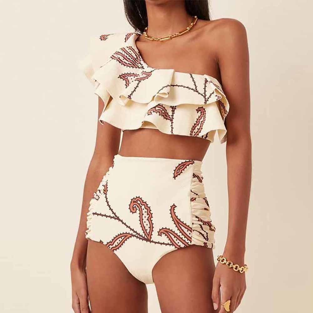 Women's Swimwear OneShoulder Swimsuit Fashion Beige Ruched Printed Bikini High Waist Bottom Beach Bathing Suit 230313
