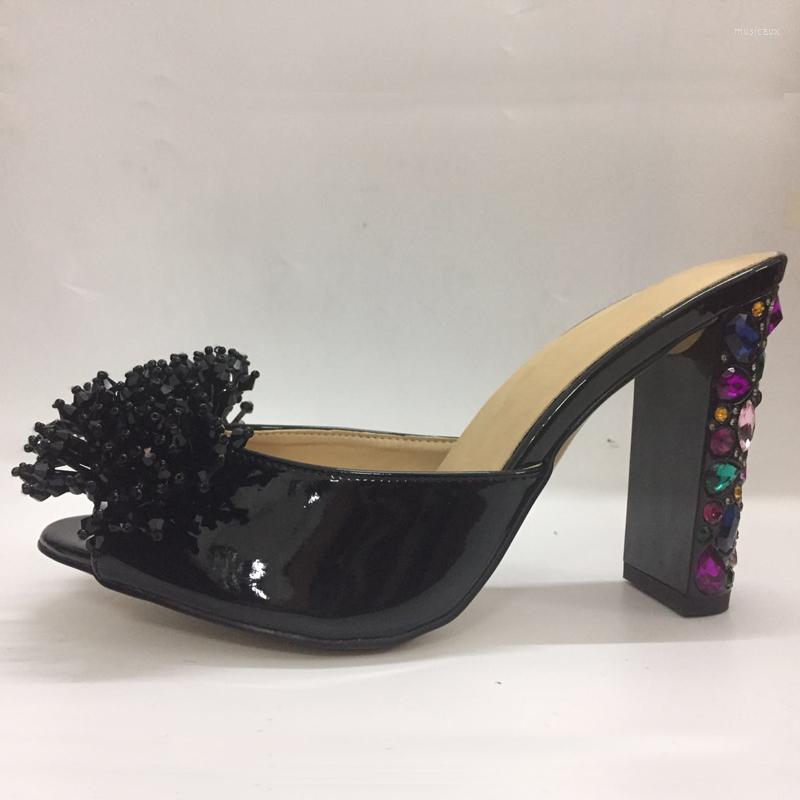 Slippers Shiny Black Leather Fringed High Heel Slides Summer Formal Dress Shoes Women Mules Jeweled, Customized
Slippers Shiny Black Leather Fringed High Heel Slides Summer Formal Dress Shoes Women Mules Jeweled, Customized