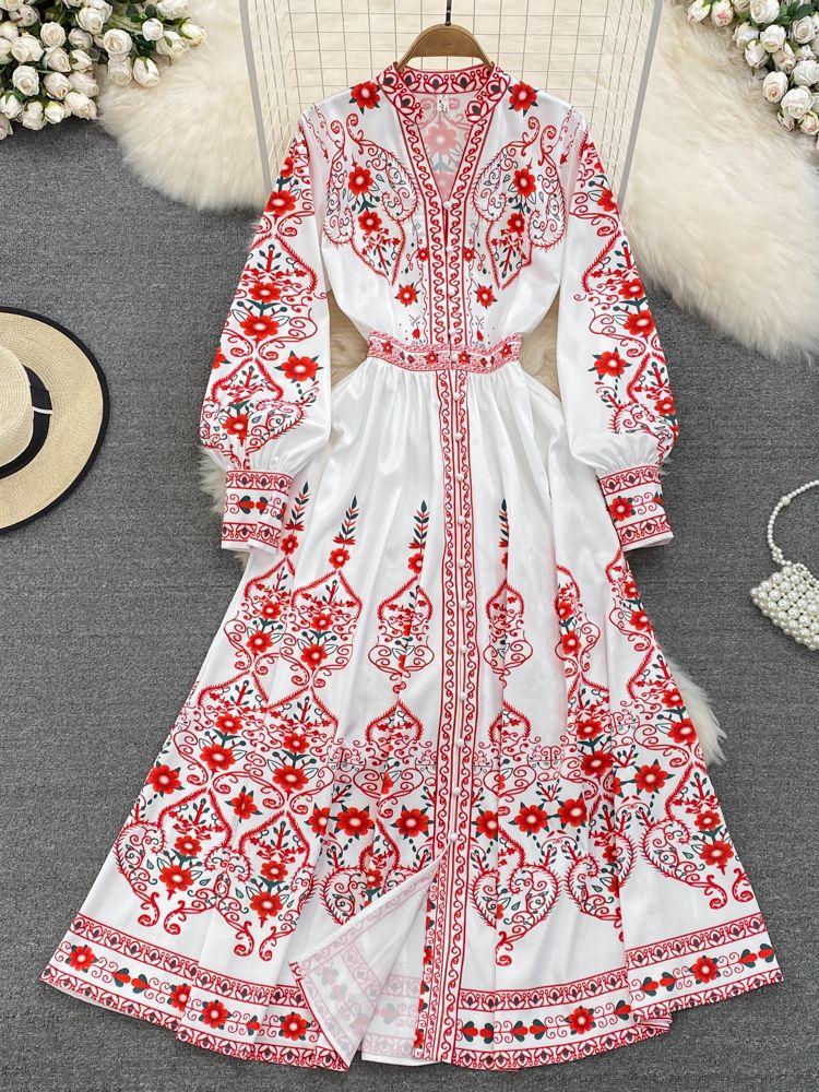 Casual Dresses Banulin Ethnic Style Vintage Long Dress Woman' Runway V-Neck Lantern Sleeve Buttons Up Floral Print Bohemain Holiday, White
Casual Dresses Banulin Ethnic Style Vintage Long Dress Woman' Runway V-Neck Lantern Sleeve Buttons Up Floral Print Bohemain Holiday, White