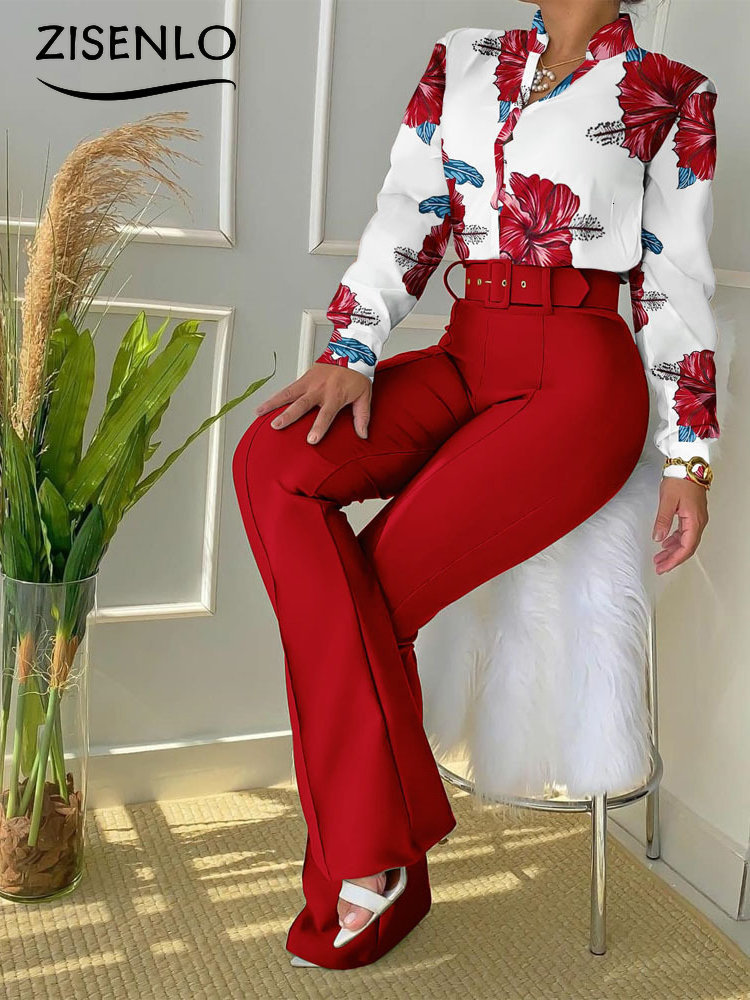Chic Two-Piece Printed Shirt And High-Waisted Pants Set: Casual Fashion Suit For Women ()