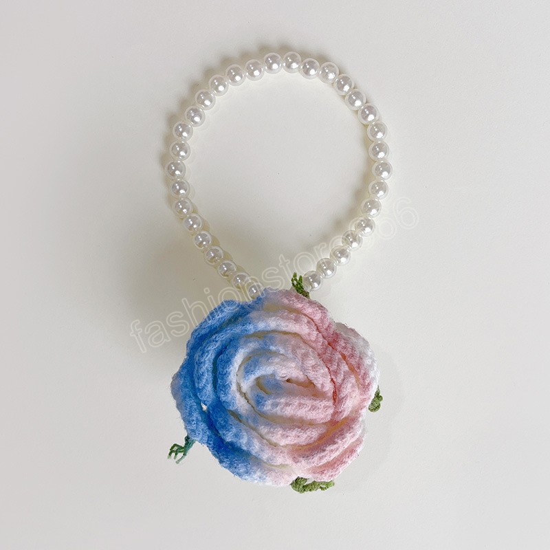 Korean Cute Keychains For Women Fabric Rose Pearl Woven Wristband Bracelet Key Chains Flowers Pendant Car Keyring