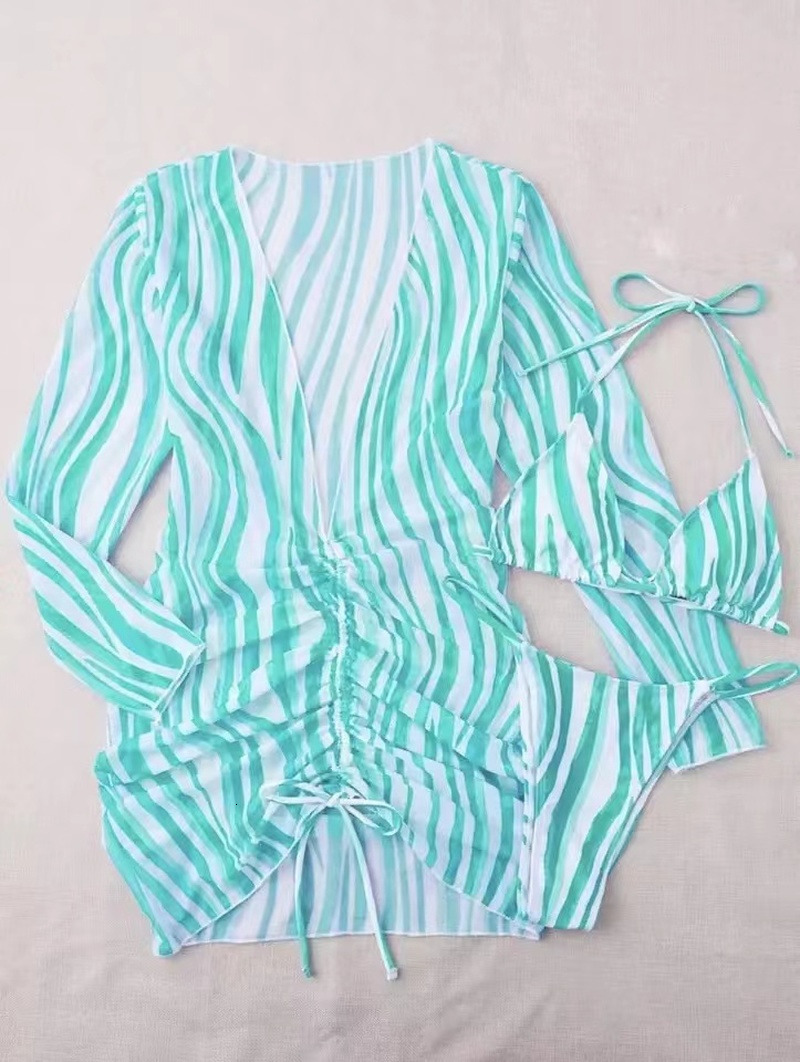 Women's Swimwear Print 3 Pieces Bikinis Set Brazilian Swimsuit 2023 Women Sexy Bandage Female Long Sleeve Beach Cover Up Bathing Suit 230313
