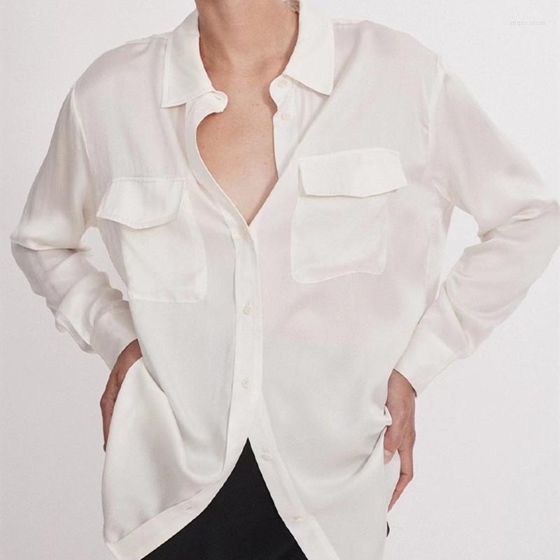 Women' Blouses Satin Women Double Pockets Shirt Turn-down Collar Loose Design Long Sleeve Simple OL Chemise Female Singlr Breasted Blouse, White
Women' Blouses Satin Women Double Pockets Shirt Turn-down Collar Loose Design Long Sleeve Simple OL Chemise Female Singlr Breasted Blouse, White