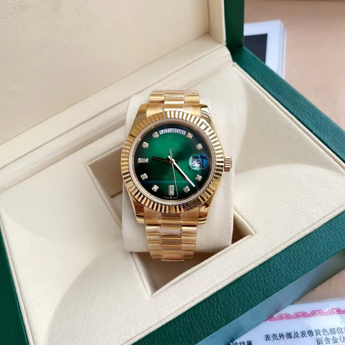 Original box certificate 18k Gold President Male Watches Day Date Diamonds Green dial Watch Men Stainless Bezel Automatic WristWatch, Style 10 original box+watch
Original box certificate 18k Gold President Male Watches Day Date Diamonds Green dial Watch Men Stainless Bezel Automatic WristWatch, Style 10 original box+watch