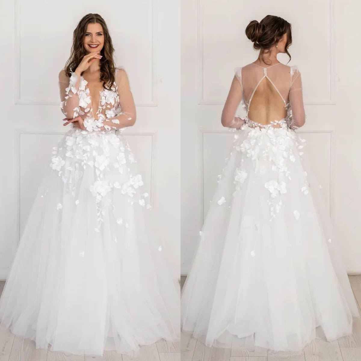 Unique A-line Wedding Dresses Deep V-neck Transparent Long Sleeve 3D Flower Applicant Tulle Backless Floor Length Custom Made Plus Size Bridal Dress Vestidos De Novia, Purple
Unique A-line Wedding Dresses Deep V-neck Transparent Long Sleeve 3D Flower Applicant Tulle Backless Floor Length Custom Made Plus Size Bridal Dress Vestidos De Novia, Purple