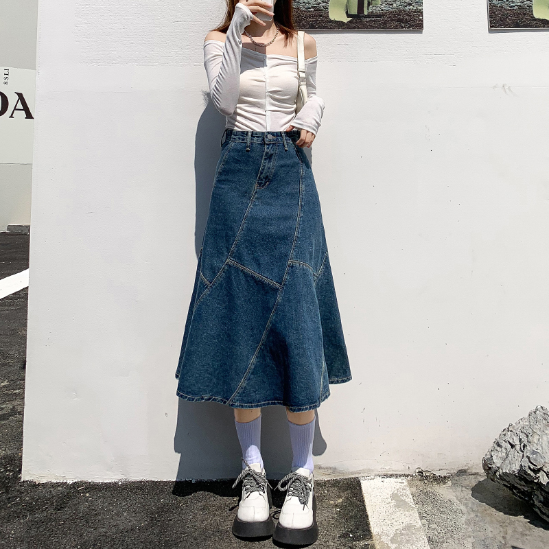 Skirts Vintage Women Denim Trumpet Skirt Streetwear Casual Irregular Patchwork A Line High Waist Ladies Mermaid Jean plaid Skirt 230313