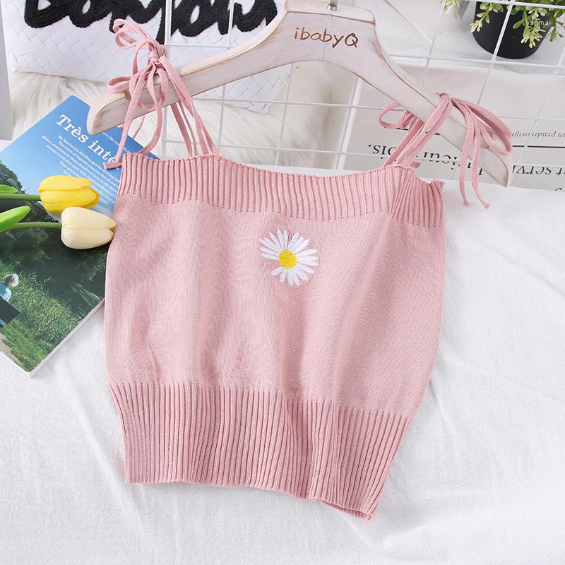 Women's Tanks Women Knitted Crop Tops With Flower Female Spaghetti Straps Ribbed Harajuku Cute For 2023 Summer, Black 
Women's Tanks Women Knitted Crop Tops With Flower Female Spaghetti Straps Ribbed Harajuku Cute For 2023 Summer, Black