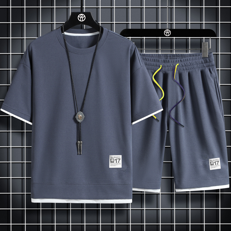 Men's T-Shirts Summer Men's Set Waffle T-Shirt Shorts Tracksuit Mens Streetwear Short Sleeve 2 Pieces Set Casual Men Sports Suit Clothing 23