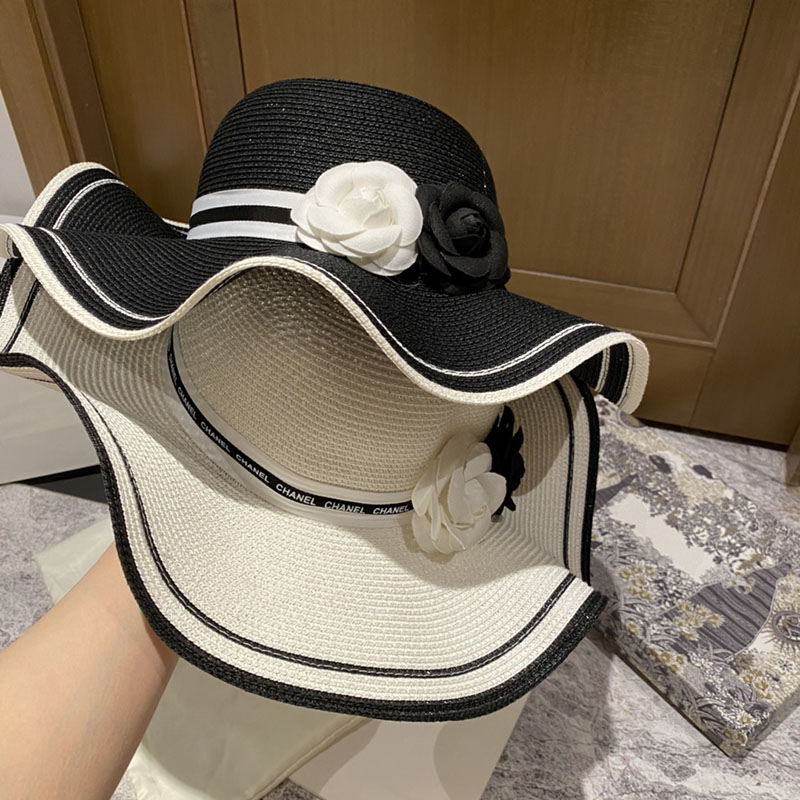 Lotus Leaf Elegant Lady Wide Brim Hats Double Color Camellia Women Straw Hats Striped Ribbon Dome Sun Hats