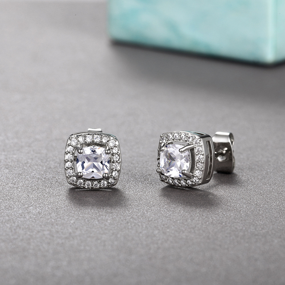 Classic 925 Sterling Silver Stud Earrings 4mm Square Simulated Diamond Earrings for Women Men Jewelry girl gift Cocktail