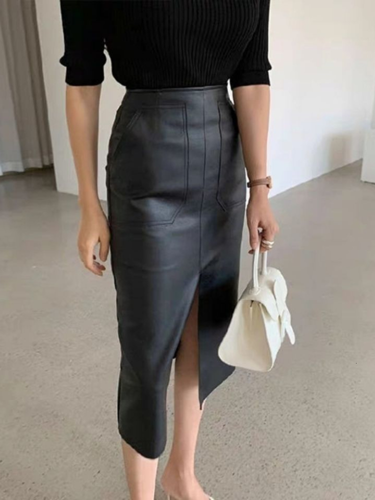 Skirts LY VAREY LIN Spring Autumn Women Fashion High Waist Pu Midi Skrits Lady Slim Elegant Split Solid Color Faux Leather Skirts 230313, Black
Skirts LY VAREY LIN Spring Autumn Women Fashion High Waist Pu Midi Skrits Lady Slim Elegant Split Solid Color Faux Leather Skirts 230313, Black