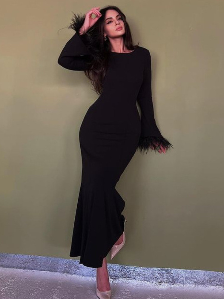 Casual Dresses Casual Feather Patchwork Long Spring Dress Streetwear Women Elegant Chic Bodycon Evening Party Black Dresses Y2K Female 230313
