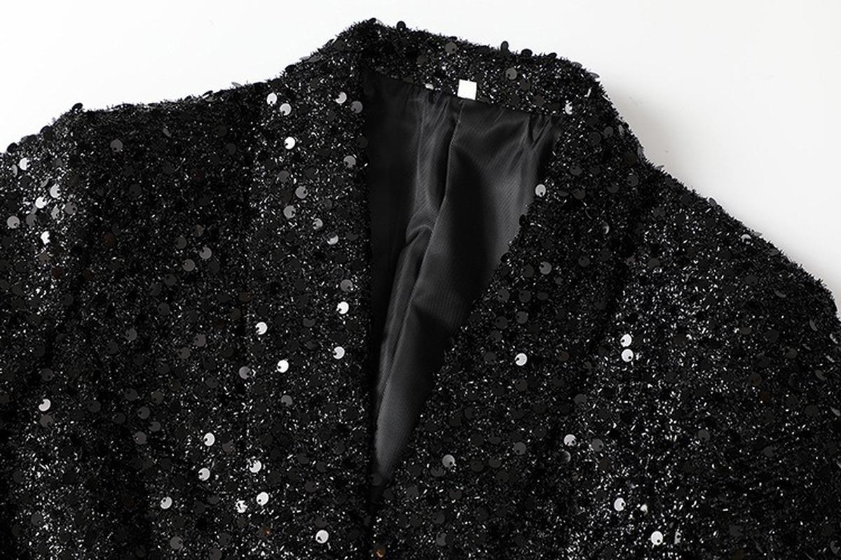 Casual Dresses Luxury 2023 Shiny Designer Blazer Jacket Women Double Lion Buttons Shawl Collar Glitter Sequined Long Runway Black Blazers Co