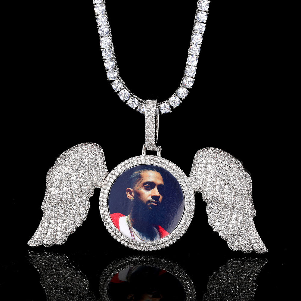 Hip Hop Big Angel Wings Custom Photo Pendant Necklace TopBling Zircon Diamond Jewelry