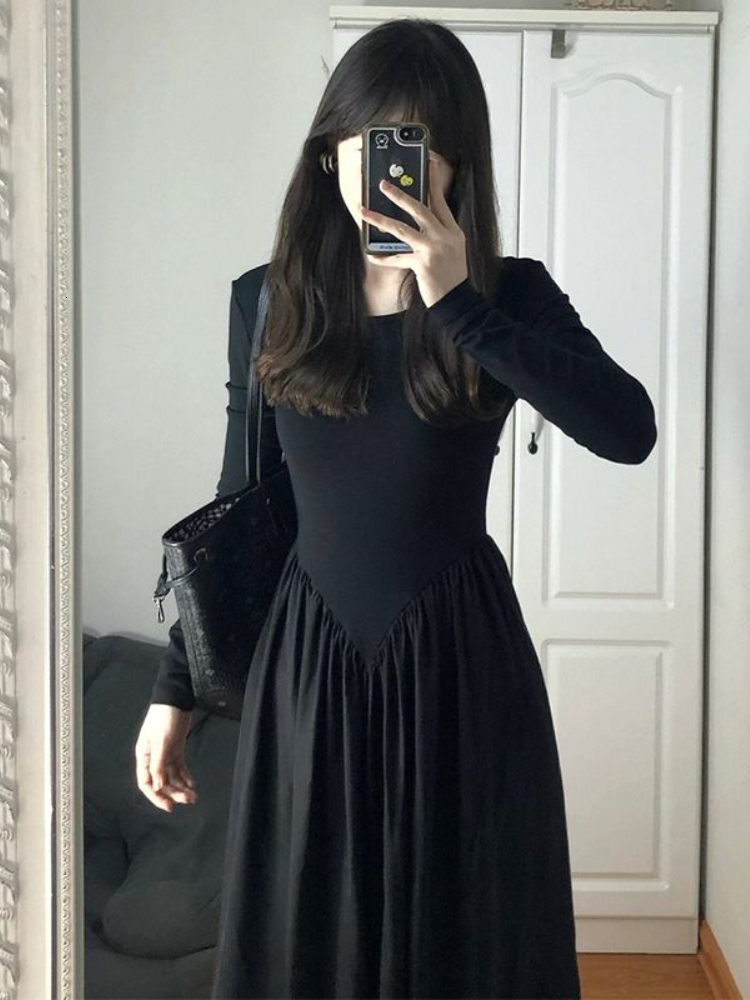 Casual Dresses Maxi Black Long Sleeve Dresses for Women Autumn Vestido De Mujer Solid Minimalist Folds Empire Korean Fashion Style Stylish 230313