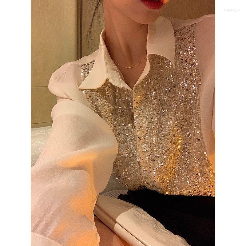 Women' Blouses Chic Women Sequined Chiffon Shirts Spring Thin Shiny Transparent Beaded Spliced Blouse Cardigan Long-sleeved OL Crop Tops, White
Women' Blouses Chic Women Sequined Chiffon Shirts Spring Thin Shiny Transparent Beaded Spliced Blouse Cardigan Long-sleeved OL Crop Tops, White