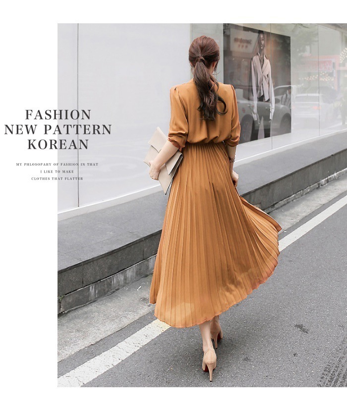 Casual Dresses Elegant Chiffon Long Sleeve Shirt Dress Women Belt Lace Up A-line Pleated Maxi Dress Korean Fashion Fall Clothes Streetwear 230313