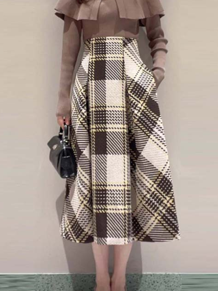 Skirts Chic Hit Color Plaid Skirts Women Vintage High Wiast A Line Mujer Faldas Autumn Winter Arrivals Sweet Fashion Jupe Femme 230313