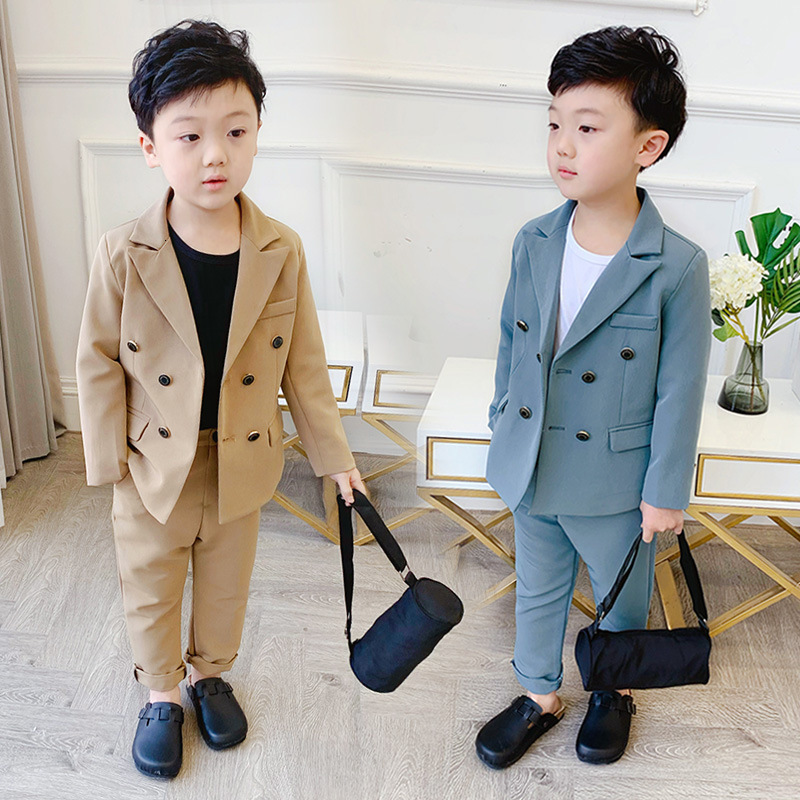 Suits Spring Autumn Children Double Breasted Suit Set Kids Wedding Party Performance Costume Boys Pure Color Blazer Pants 2pcs Outfits 230313