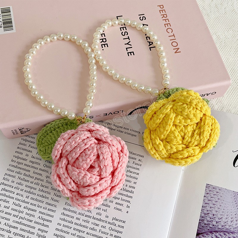 Korean Cute Keychains For Women Fabric Rose Pearl Woven Wristband Bracelet Key Chains Flowers Pendant Car Keyring