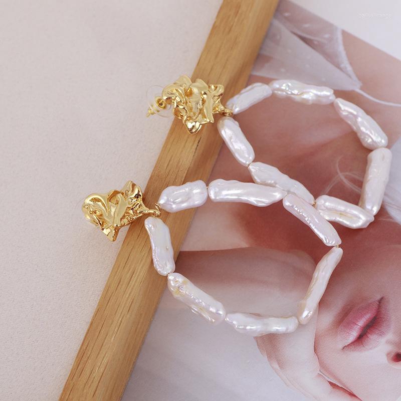 Hoop Earrings Baroque Long Natural Pearl With Real Gold Plated Stud Fashion Jewelry