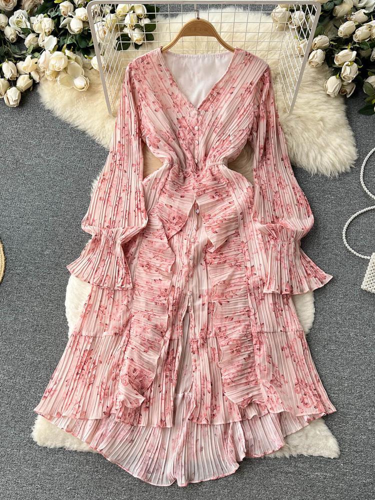 Casual Dresses Bohemian Fall Women Floral Chiffon Dress Beach Long Flare Sleeve V-neck High Waist Single Breasted Ruffle Vestido Elegant, Sky blue 
Casual Dresses Bohemian Fall Women Floral Chiffon Dress Beach Long Flare Sleeve V-neck High Waist Single Breasted Ruffle Vestido Elegant, Sky blue