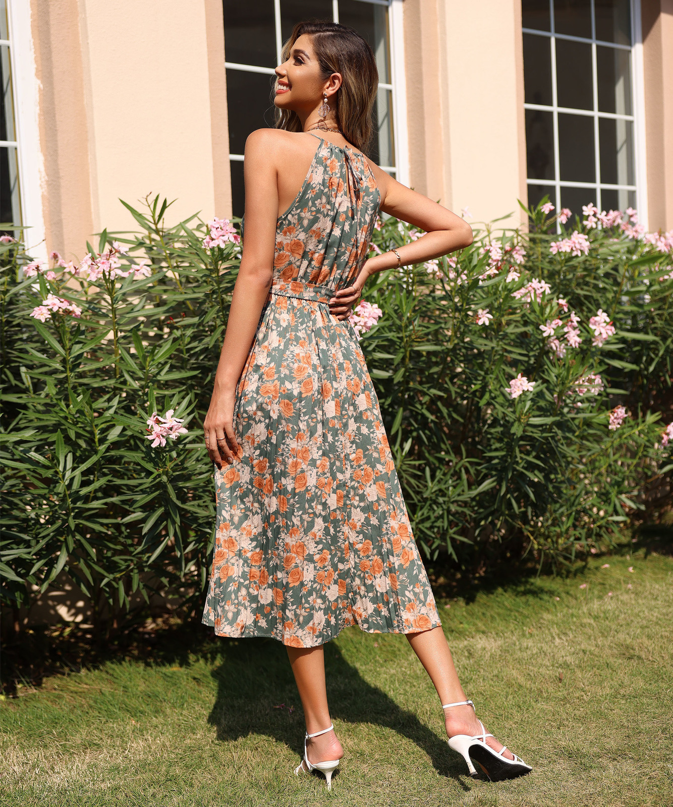 Casual Dresses JIM NORA Women Summer Off Shoulder Hanging Neck Floral Ruffle Long Dress Elegant Pleated Loose Dresses Casual Holiday 230313