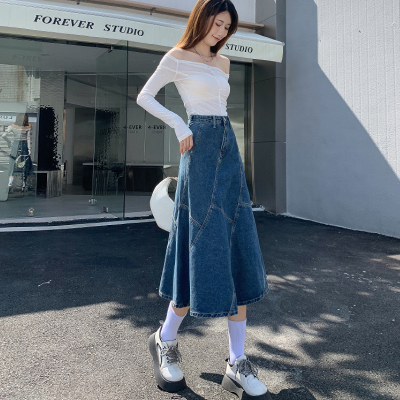 Skirts Vintage Women Denim Trumpet Skirt Streetwear Casual Irregular Patchwork A Line High Waist Ladies Mermaid Jean plaid Skirt 230313