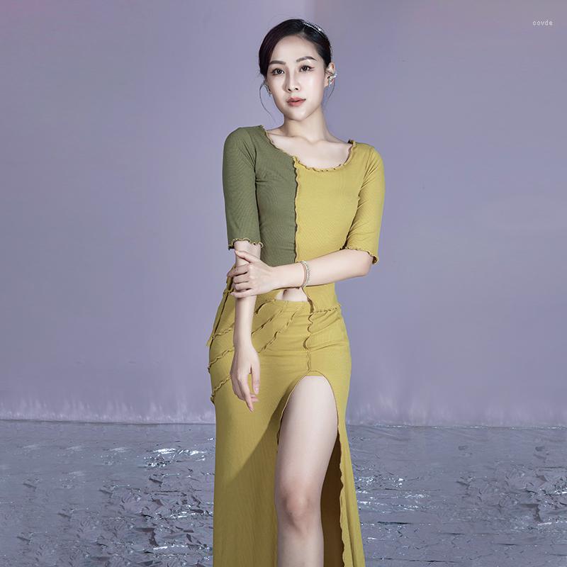Stage Wear Summer Adult Female Belly Dance Suit Short-sleeved Stitching Color Top With Long Slit Skirt Women Performance Costumes E22259, Yellow
Stage Wear Summer Adult Female Belly Dance Suit Short-sleeved Stitching Color Top With Long Slit Skirt Women Performance Costumes E22259, Yellow