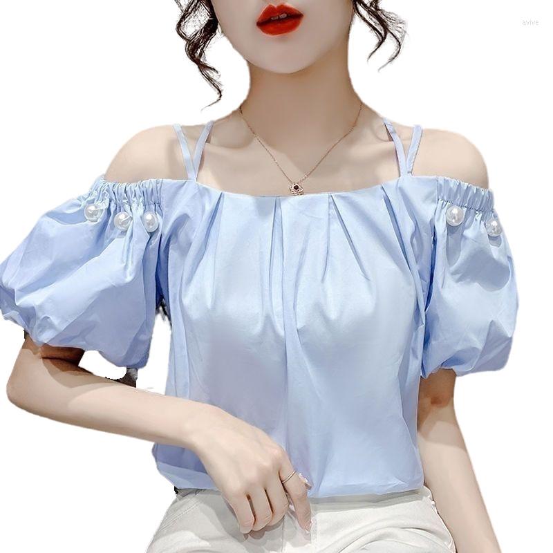 Women' Blouses 4XL Women Summer Spring Shirts Lady Fashion Casual Short O-Neck Collar Pearl Suspenders Blusas Tops WY0735, Blue 
Women' Blouses 4XL Women Summer Spring Shirts Lady Fashion Casual Short O-Neck Collar Pearl Suspenders Blusas Tops WY0735, Blue