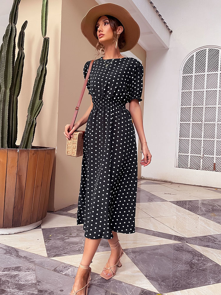 Casual Dresses JIM NORA Elegant Summer Beach Sundress Midi Dress Women Boho Chiffon Polka Dot Casual Mid-length Temperament Retro Dresses 230313