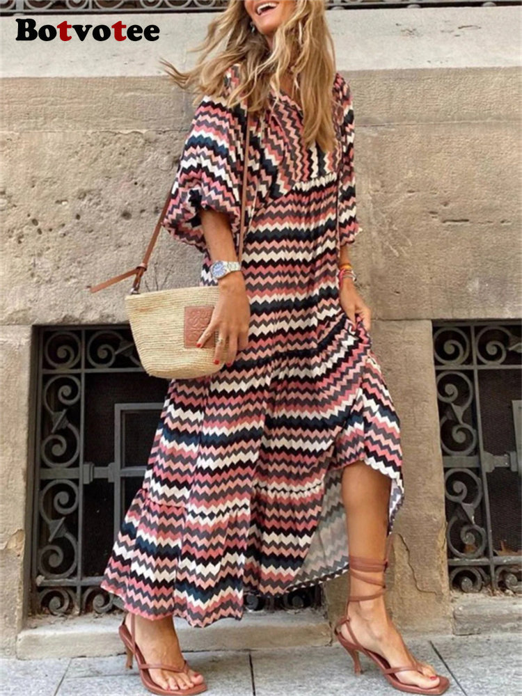 Casual Dresses Botvotee Maxi Dress for Women Geometric Print Puff Sleeve V Neck Elegant Summer Dresses Casual Oversized A Line Long Dress 230313