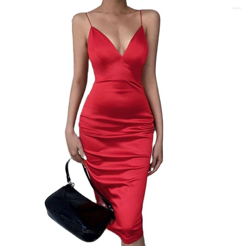 Casual Dresses Women Satin Deep V-neck Spaghetti Strap Solid Sling Bodycon Dress Midi Sundress For Year 2023, Red
Casual Dresses Women Satin Deep V-neck Spaghetti Strap Solid Sling Bodycon Dress Midi Sundress For Year 2023, Red