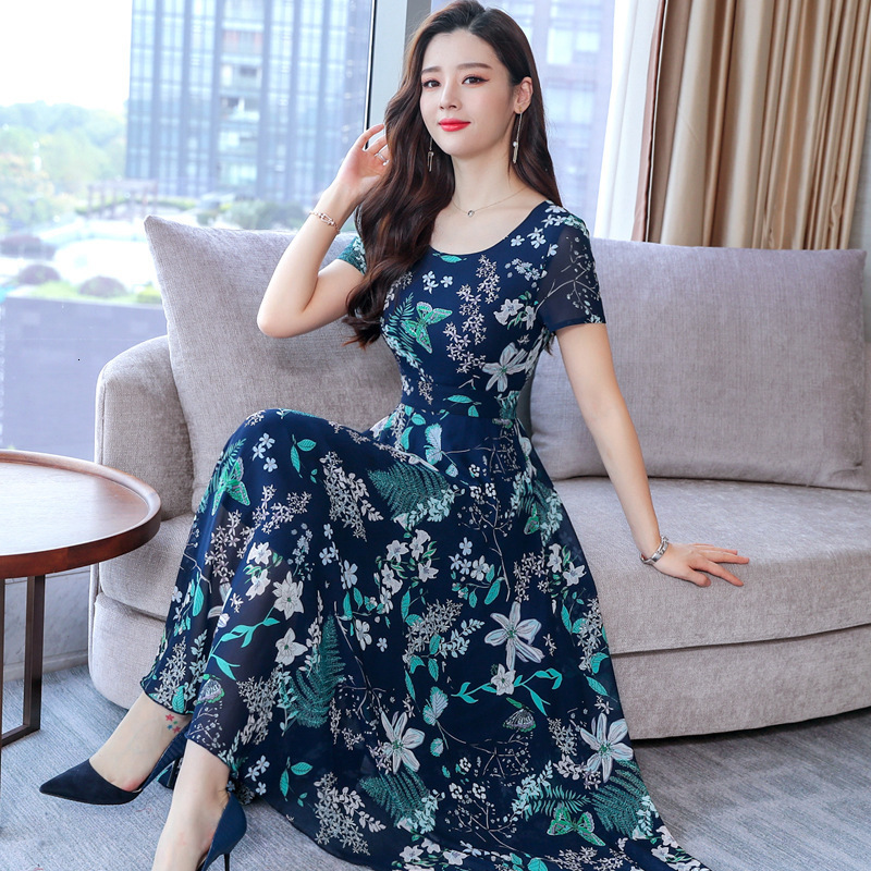 Casual Dresses summer Korean dress women's Casual Short Sleeve temperament large yellow red flower round neck dress 230313