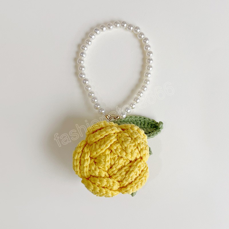Korean Cute Keychains For Women Fabric Rose Pearl Woven Wristband Bracelet Key Chains Flowers Pendant Car Keyring