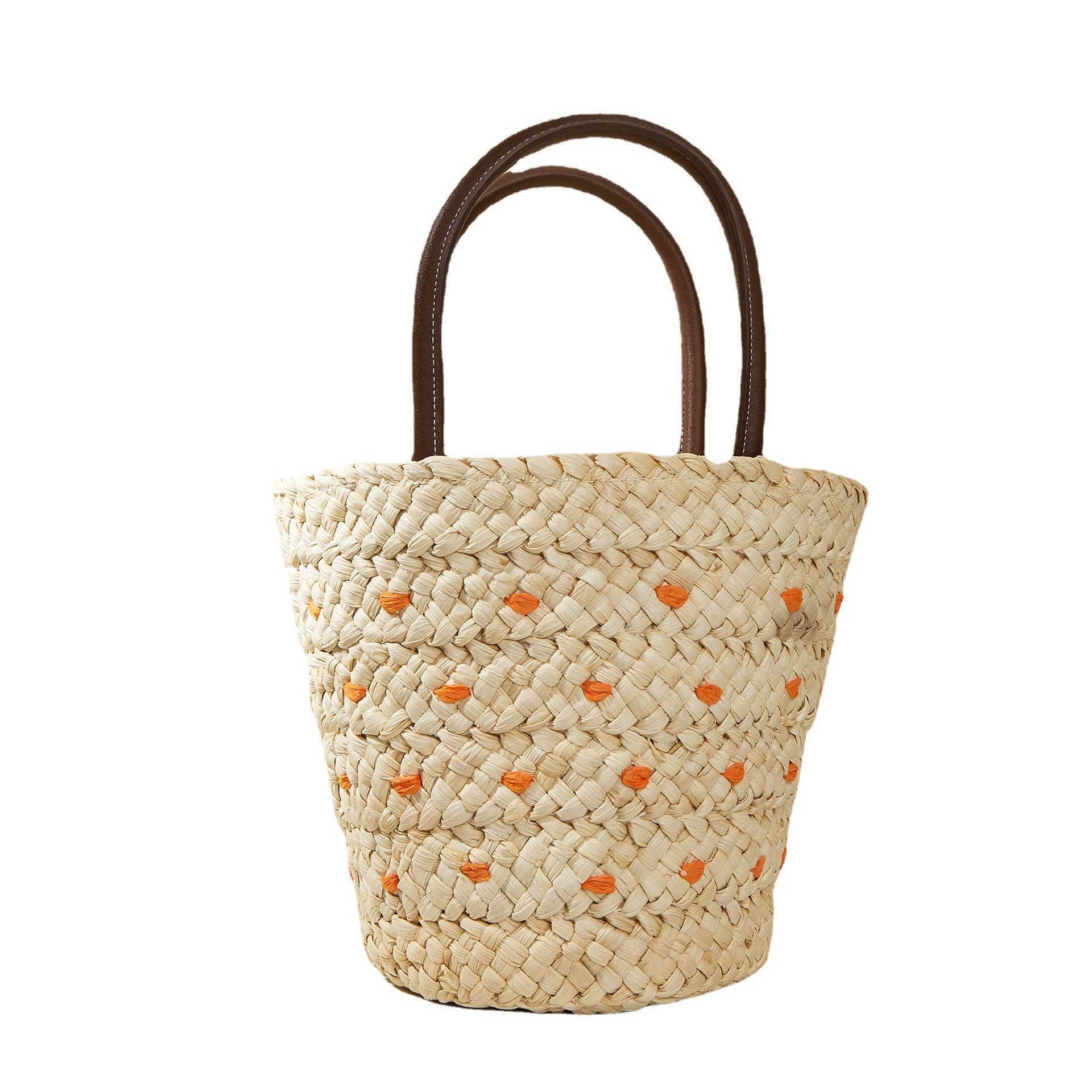 Corn Skin Holiday Embroidery Bag Fashion Drawstring Straw Woven Bag Women's Woven Bag Beach Bag 230313