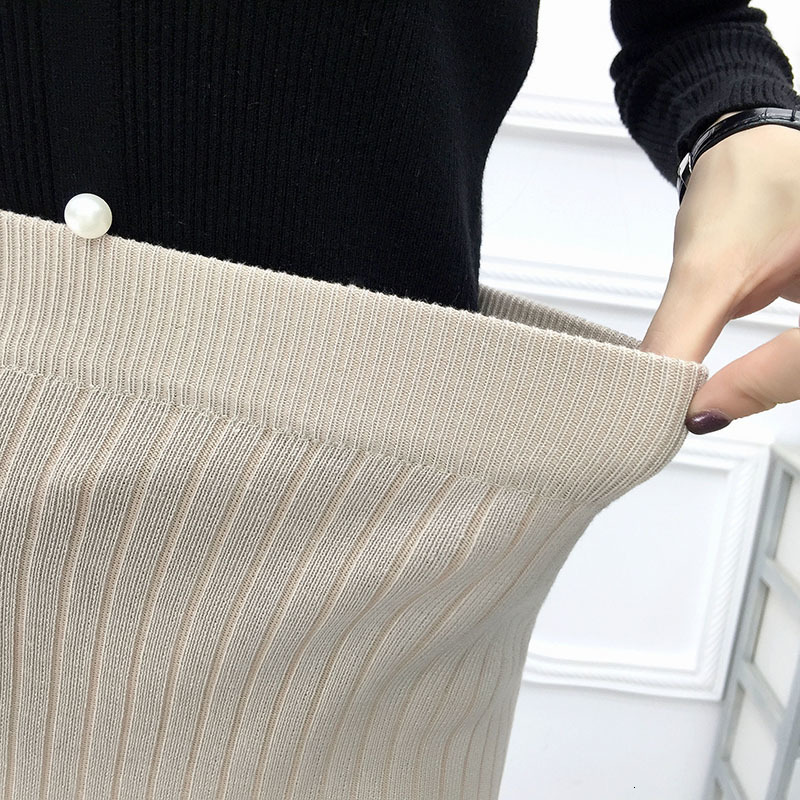 Skirts Women Elastic Waist Drawstring Skirts Knitted Medium Long Skirts Spring and autumn Midi Skirt Casual Office Female Skirts 230313