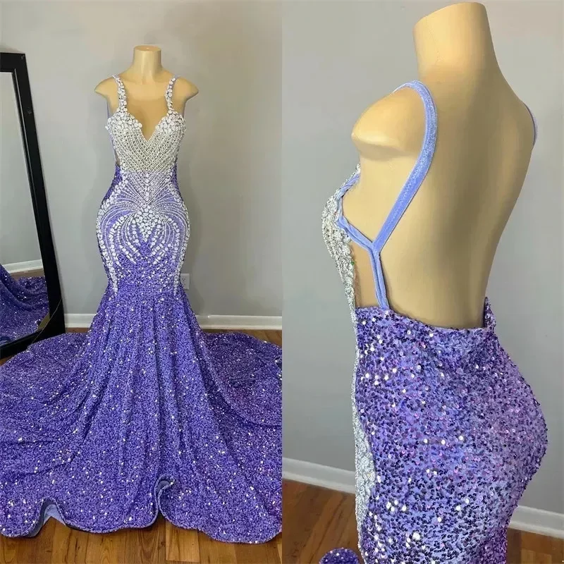Sexy Lavender Mermaid Prom Dresses Black Girls Crystal Rhinestone Sequins Open Back Formal Birthday Party Gowns Custom Made, Pink
Sexy Lavender Mermaid Prom Dresses Black Girls Crystal Rhinestone Sequins Open Back Formal Birthday Party Gowns Custom Made, Pink