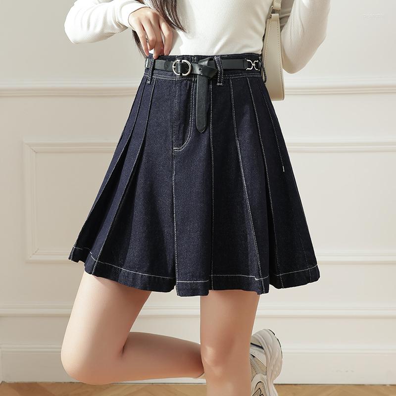 

Skirts Denim Pleated Skirt 2023 Spring Women High Waist Belted Short Female Slim All Match Dark Blue Jean, Denim skirt