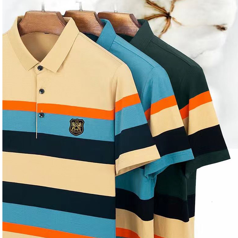 Men's T-Shirts Short Sleeve T-shirt Polo Shirt Men's Summer Stripe Lapel Slim Casual Versatile Tees Clothes Fashion Embroidery Pullover 2303