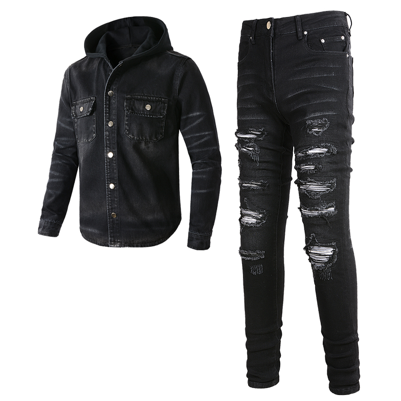 Gauges Tracksuits Punk Street Men039s Black 2pcs Jeans Sets Spring Hooded Denim Jacket and Ripped Patch Stretch Pants Vintage Men