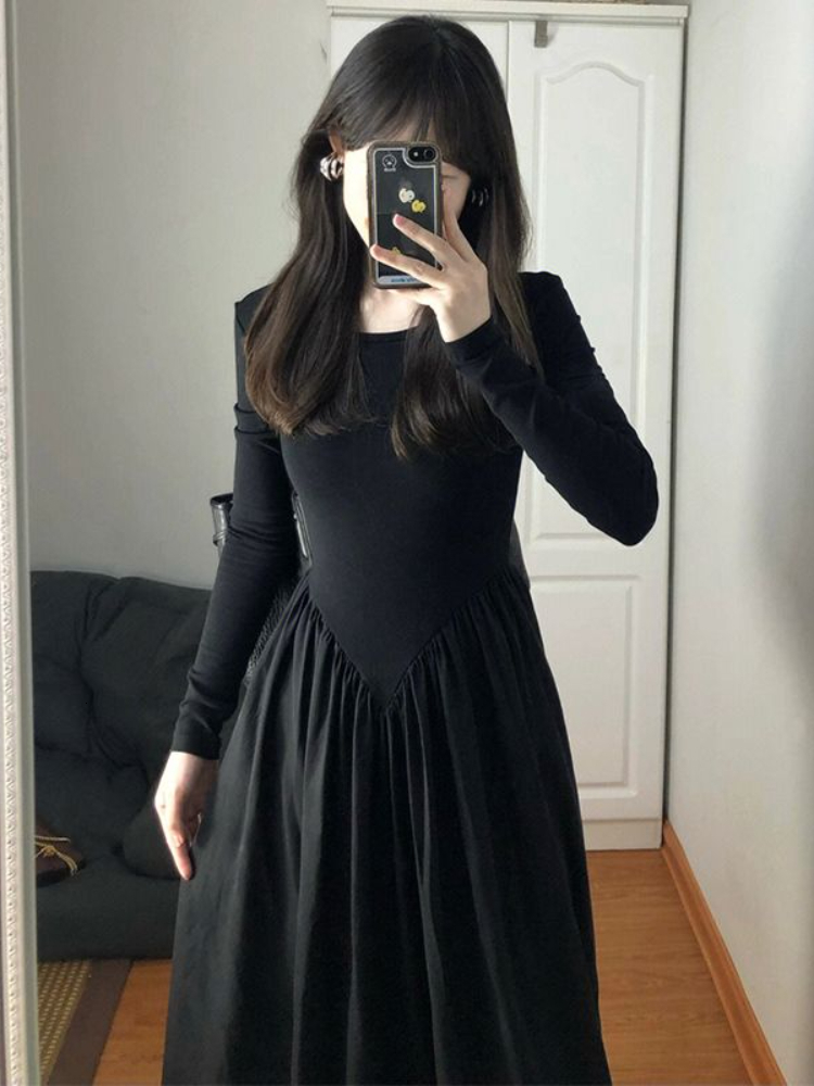 Casual Dresses Maxi Black Long Sleeve Dresses for Women Autumn Vestido De Mujer Solid Minimalist Folds Empire Korean Fashion Style Stylish 230313
