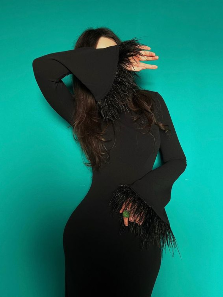 Casual Dresses Casual Feather Patchwork Long Spring Dress Streetwear Women Elegant Chic Bodycon Evening Party Black Dresses Y2K Female 230313